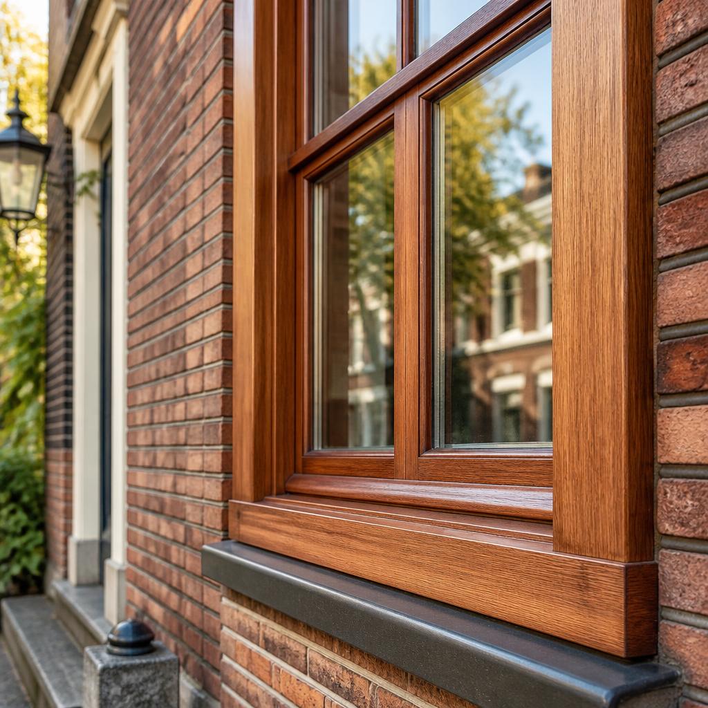 Warm houten kozijn op traditionele Nederlandse gevel