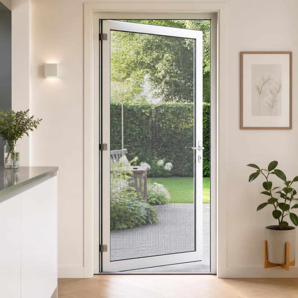 Witte hordeur bij een tuindeur van een moderne woning