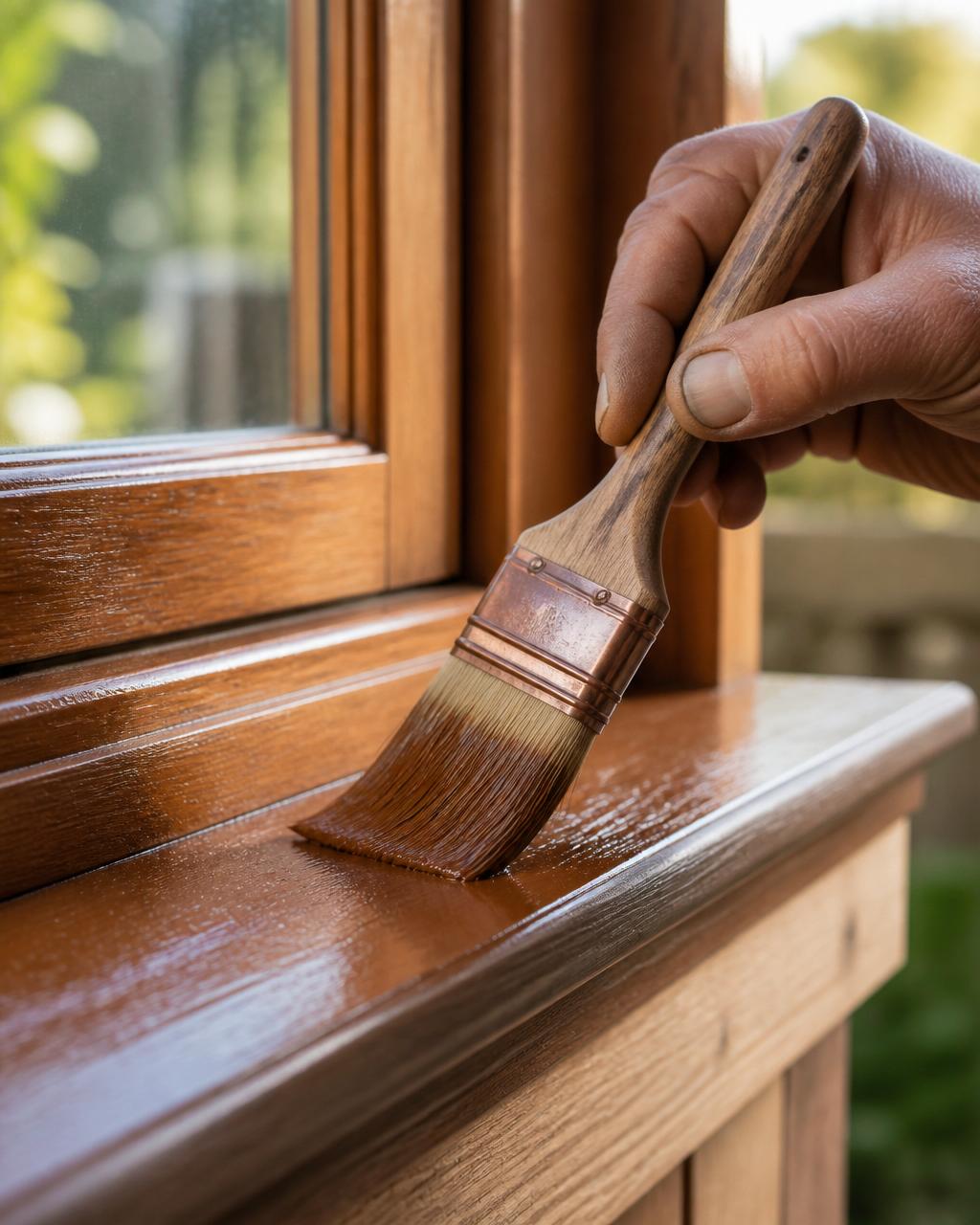 Hand met kwast brengt fabrieksafwerking aan op een houten kozijn
