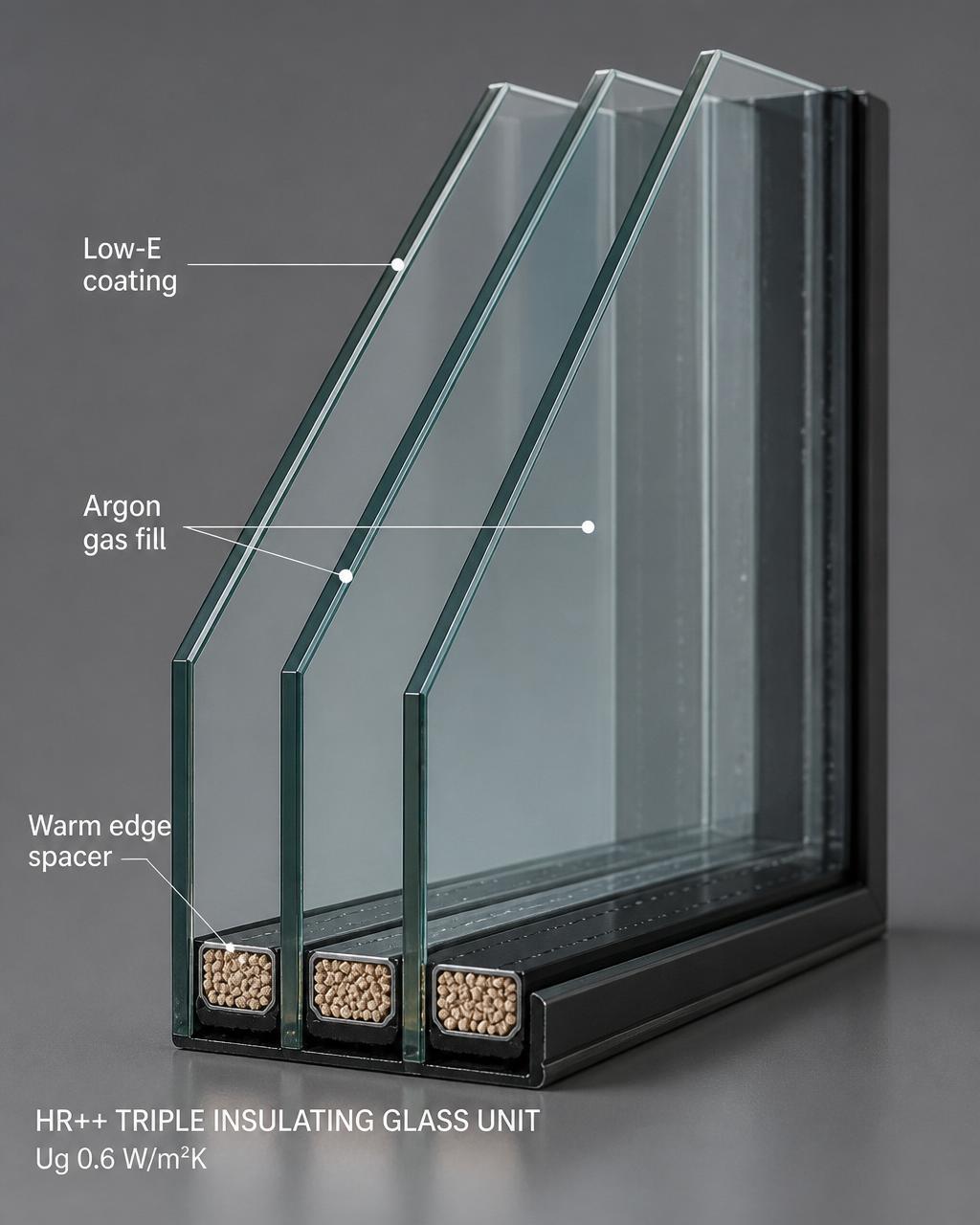 Doorsnede van triple isolatieglas met low-E coating, argonvulling en warm-edge afstandhouder